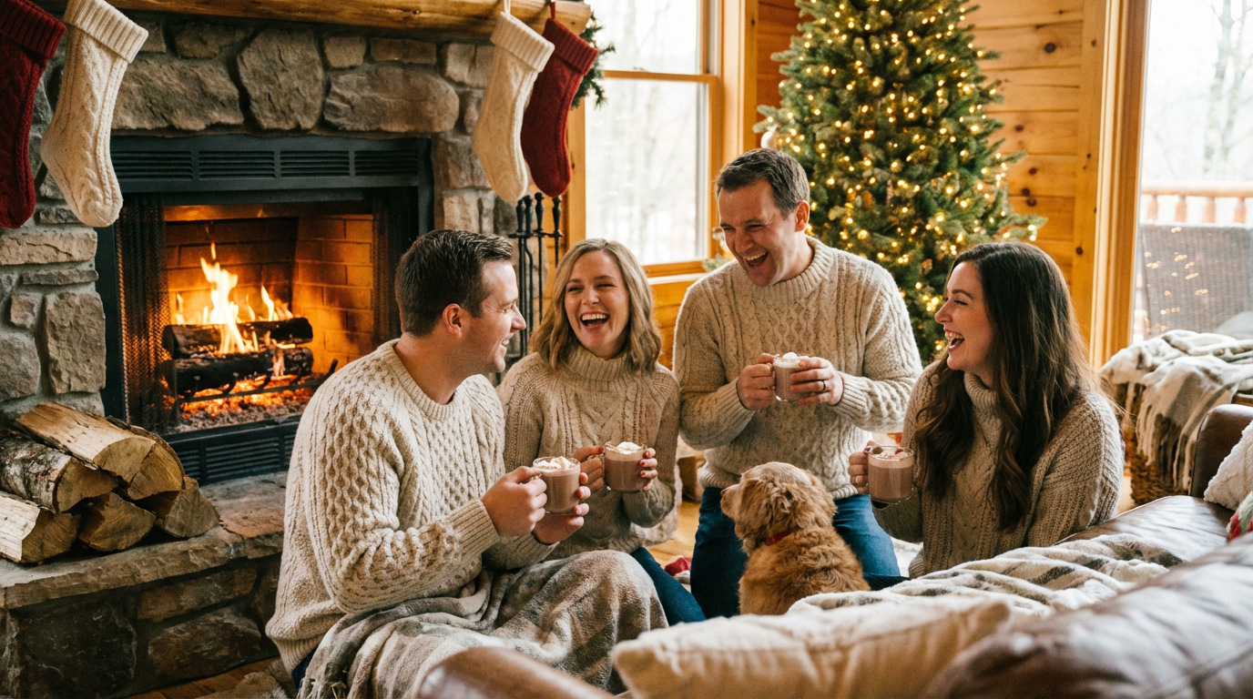Cozy Home Christmas Portrait - Family by Fireplace