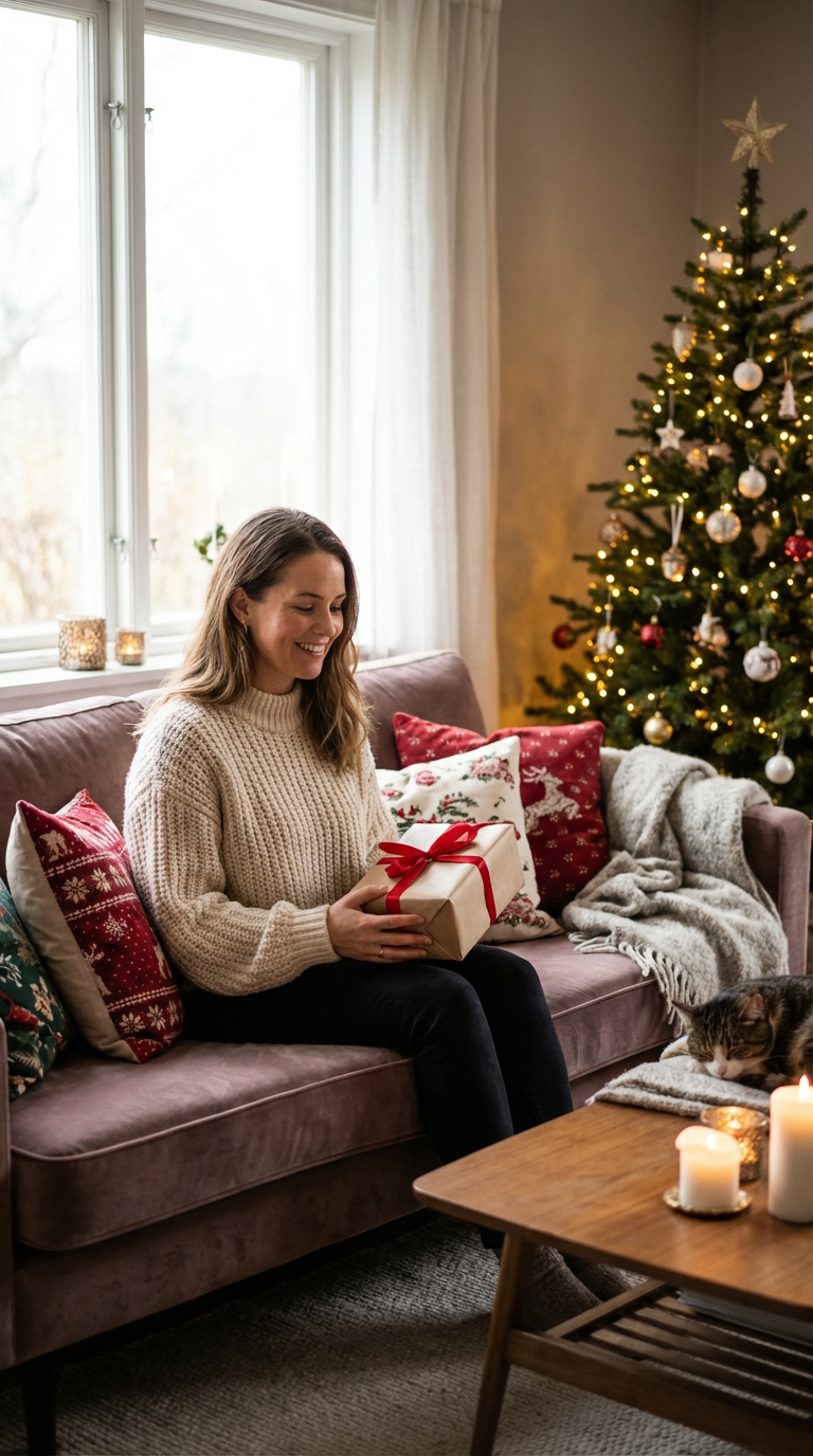 Cozy Home Christmas Portrait - Woman with Gift