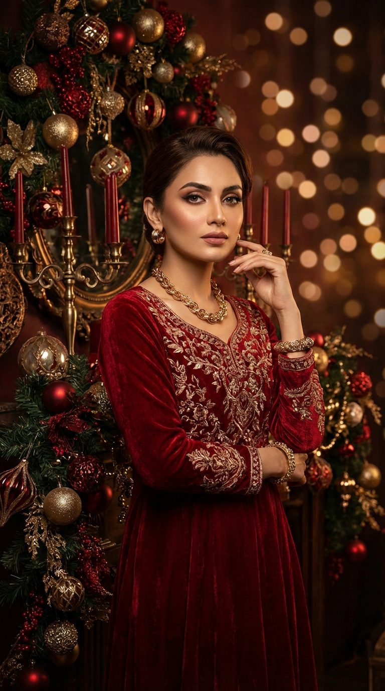 Luxury Glam Christmas Portrait - Woman in Red Velvet