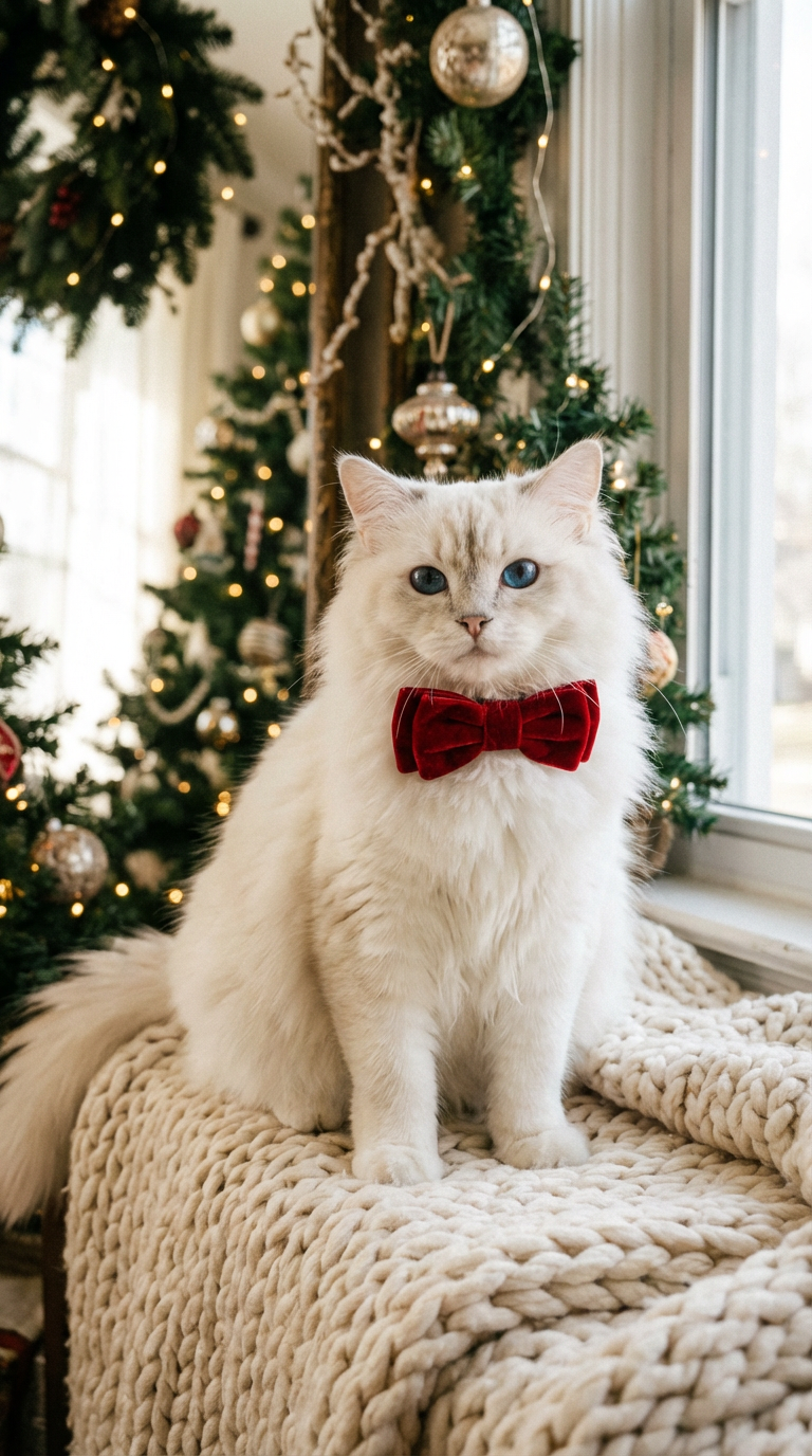 Pet Portraits Christmas - White Cat with Red Bow