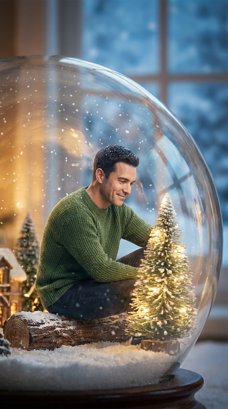 Snowglobe Christmas Portrait - Man in Green Sweater