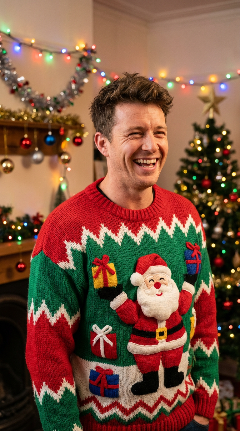 Ugly Sweater Fun - Man with Santa Sweater