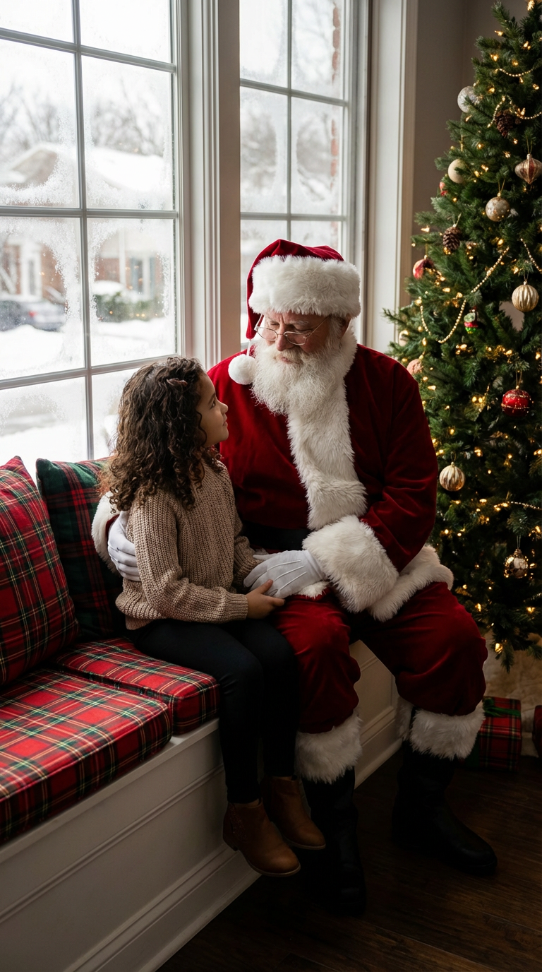 With Santa - Girl with Santa by Christmas Tree in Window Seat