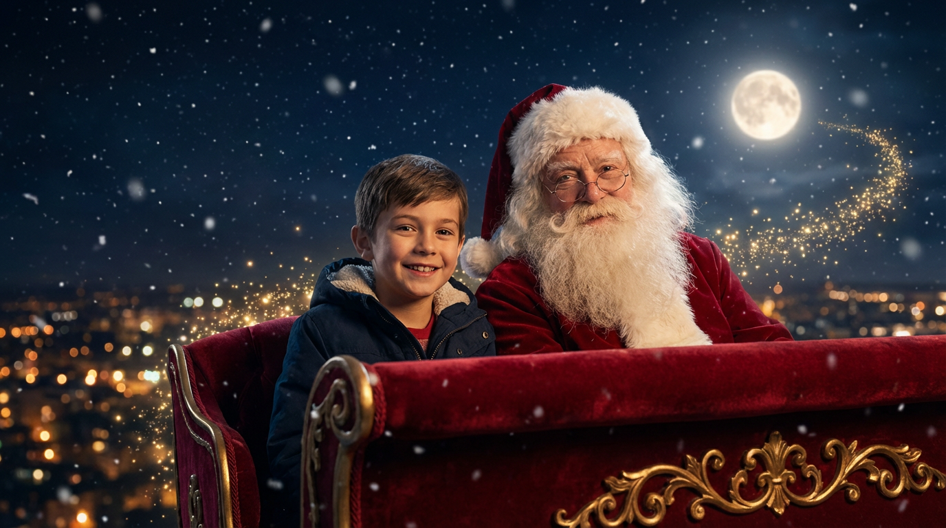 With Santa - Boy with Santa in Magical Flying Sleigh over City